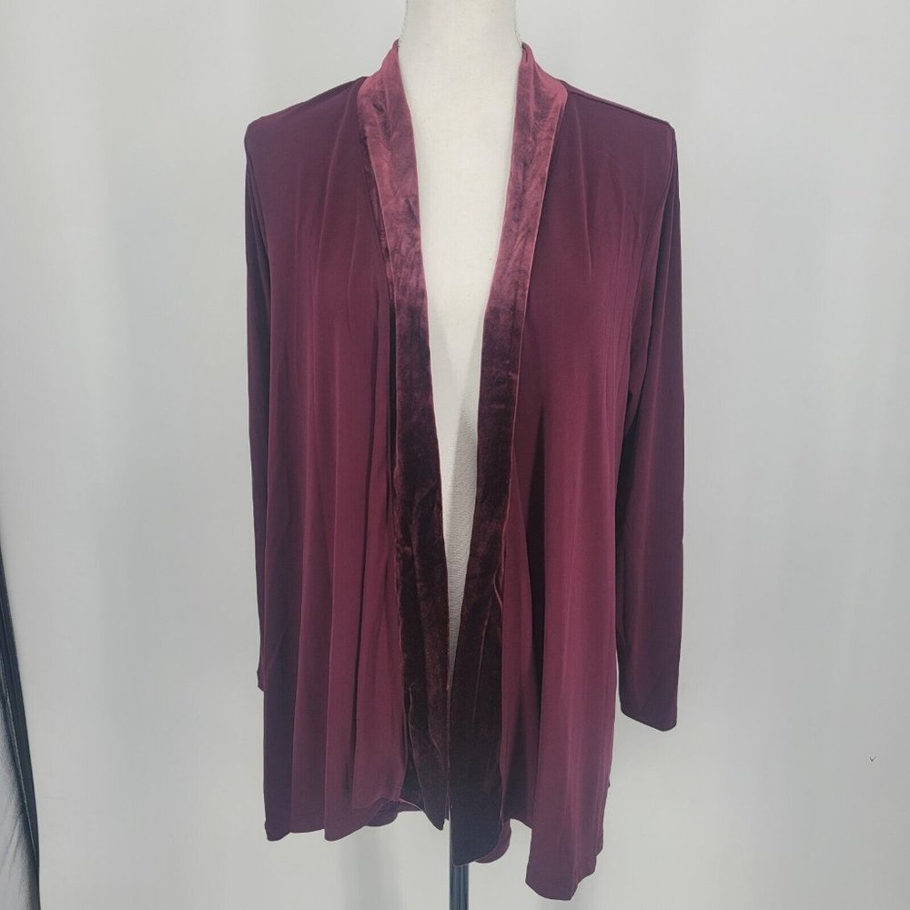 Susan Graver Burgundy Open Front Cardigan Velvet Trim Long Sleeve Women's Medium